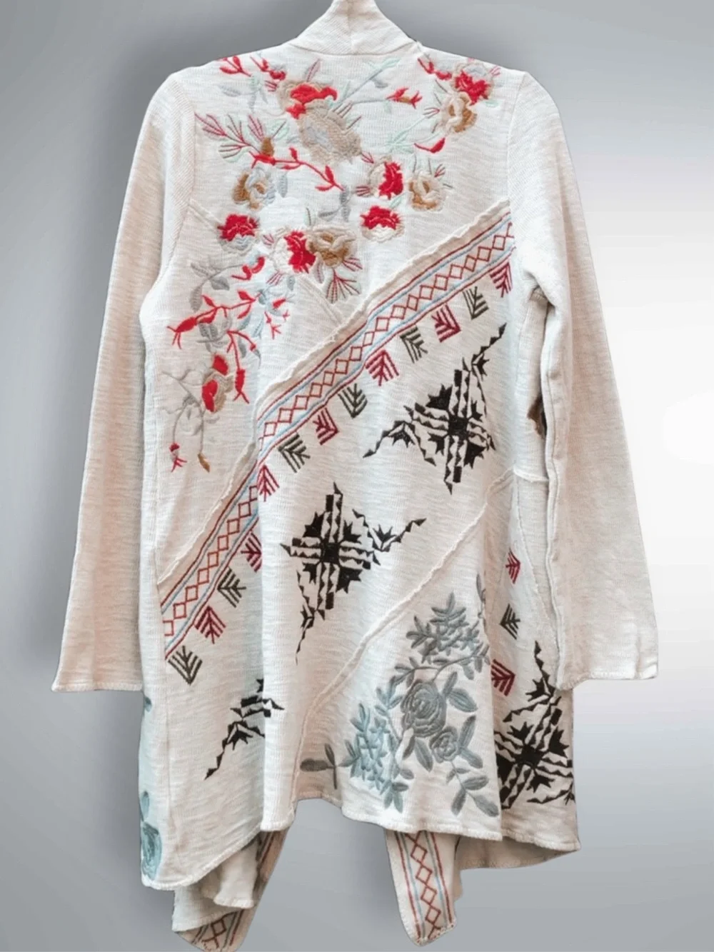 Coldwater Creek Embroidered Cream Open-Front Cardigan